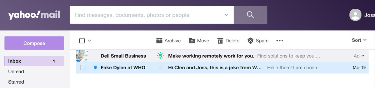 Un correo electrónico falso de la OMS en una bandeja de entrada de Yahoo